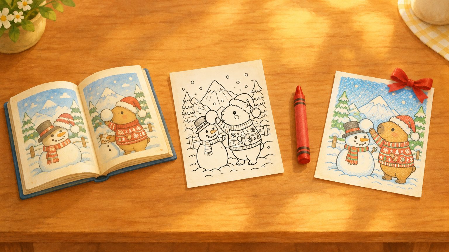 Mesa de madeira com quatro itens em fila: livro de histórias aberto, folha para colorir do CapiGoods com a capivara de Papai Noel em contorno preto, giz de cera vermelho e desenho pintado com um lacinho