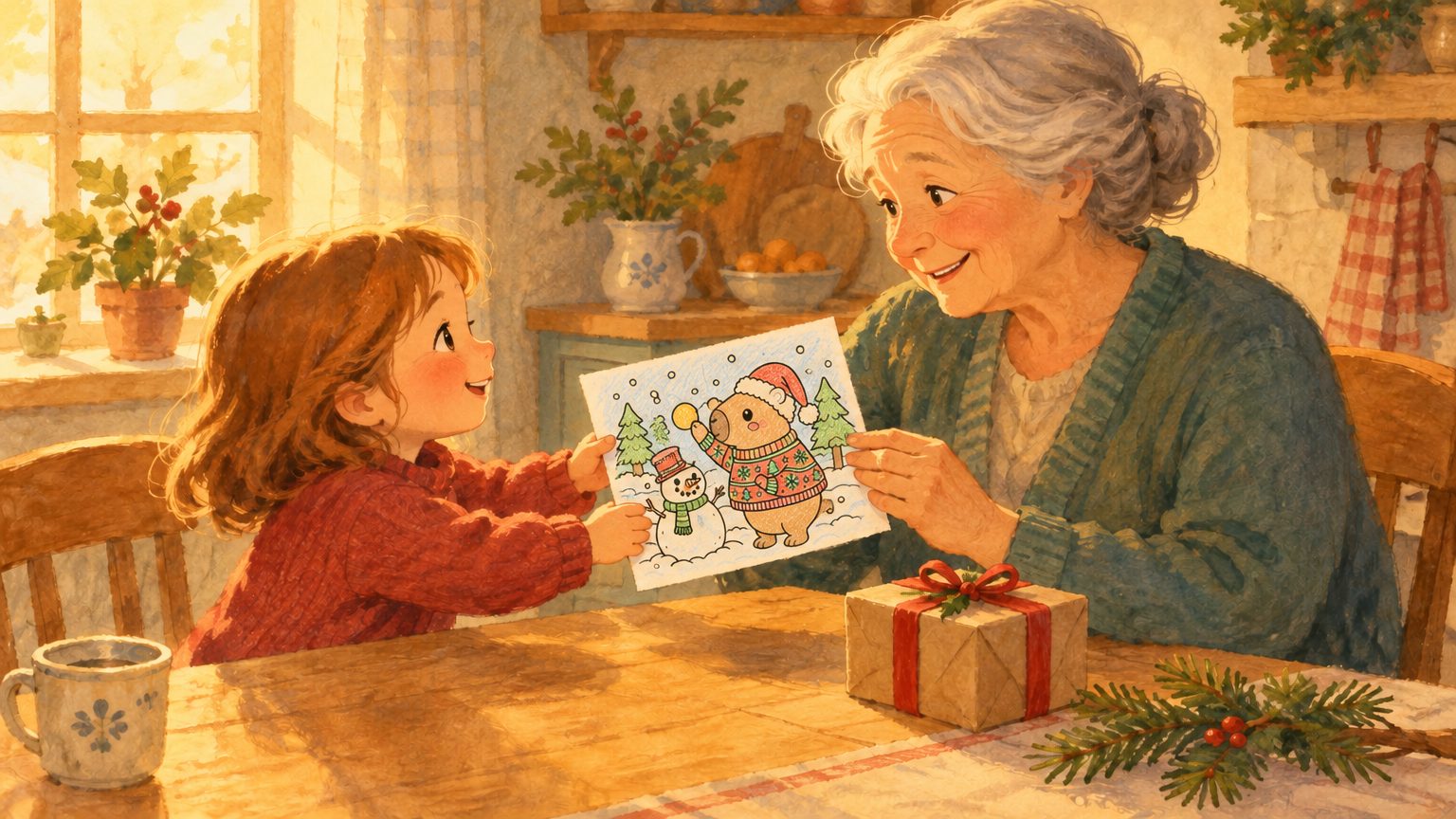 Criança entregando orgulhosa para a avó sorridente o desenho para colorir do CapiGoods com a capivara de Papai Noel já pintado com giz de cera, na mesa da cozinha