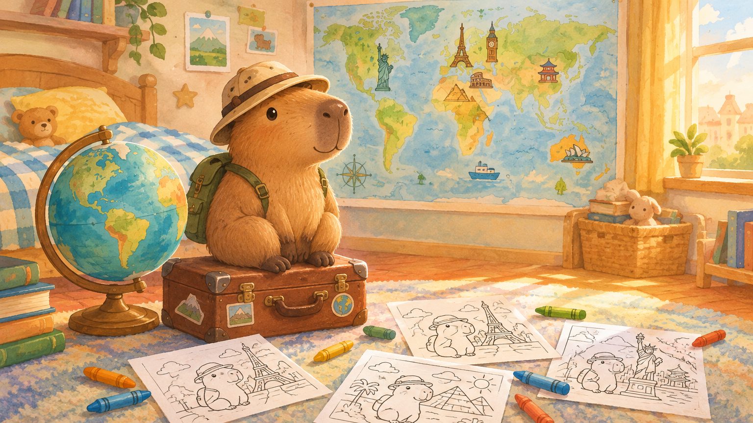 a capivara de chapéu de explorador sobre a mala, globo e mapa no quarto