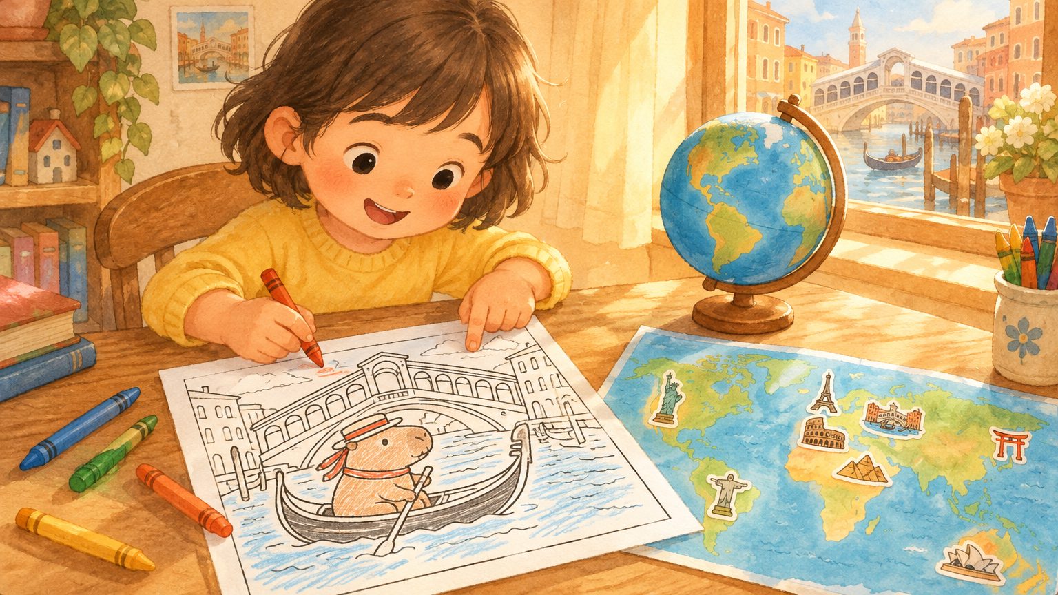 Criança colorindo a folha para colorir do CapiGoods com a capivara na gôndola de Veneza, com globo terrestre e mapa-múndi sobre a mesa de madeira