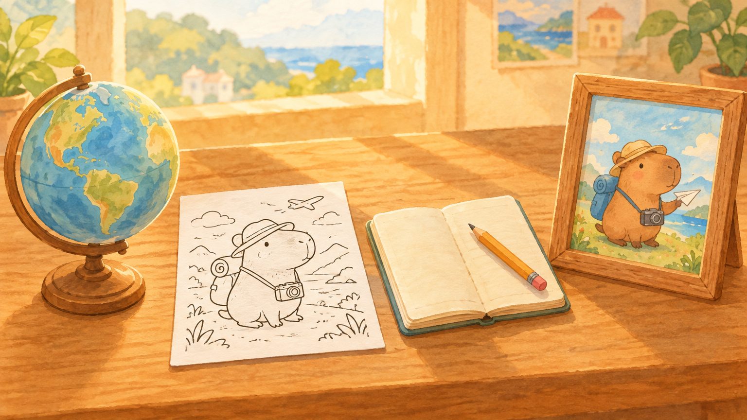 Mesa de madeira com quatro itens em fila: globo terrestre pequeno, folha para colorir da capivara viajante, caderninho aberto com lápis e desenho pintado emoldurado com passagem de avião de papel