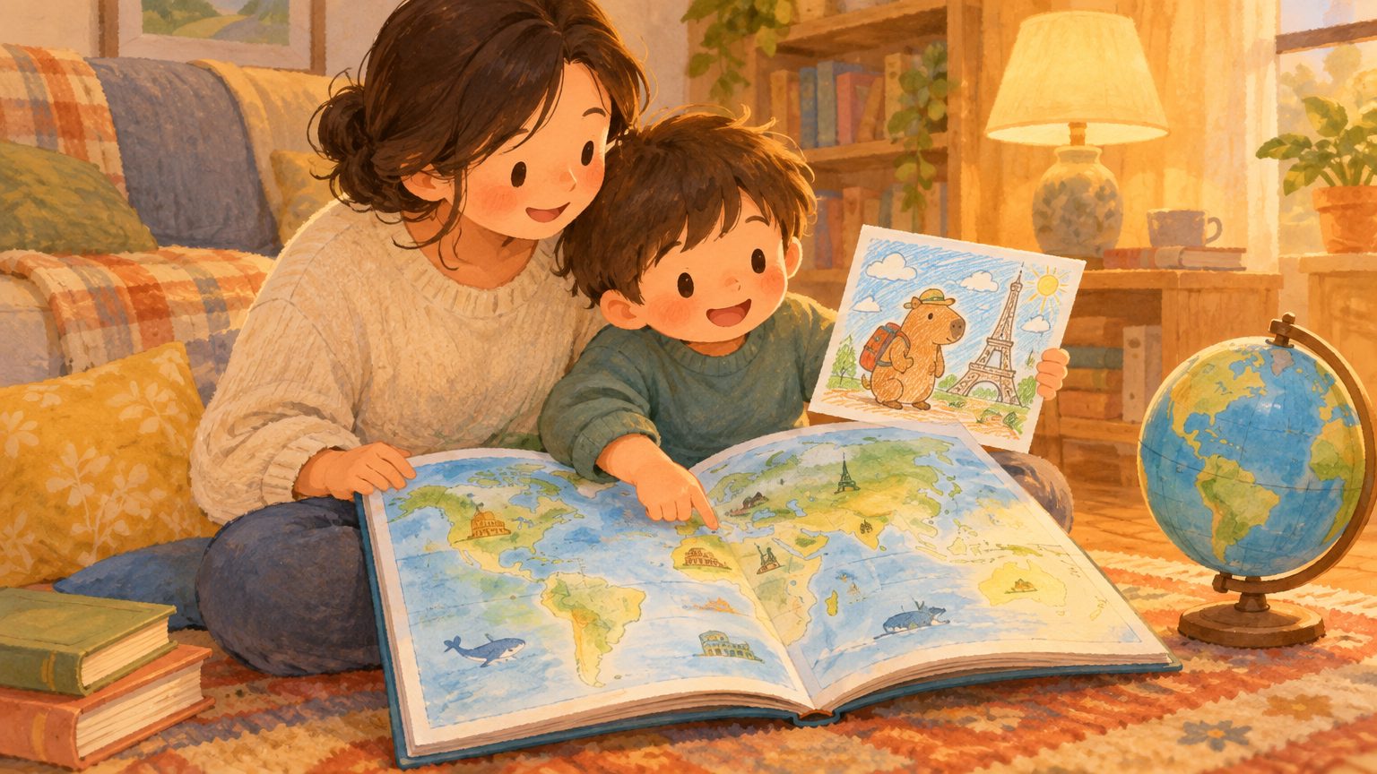 Pai e filho sentados no tapete olhando juntos o mapa-múndi aberto, com a criança apontando o lugar do desenho colorido da capivara que segura na mão