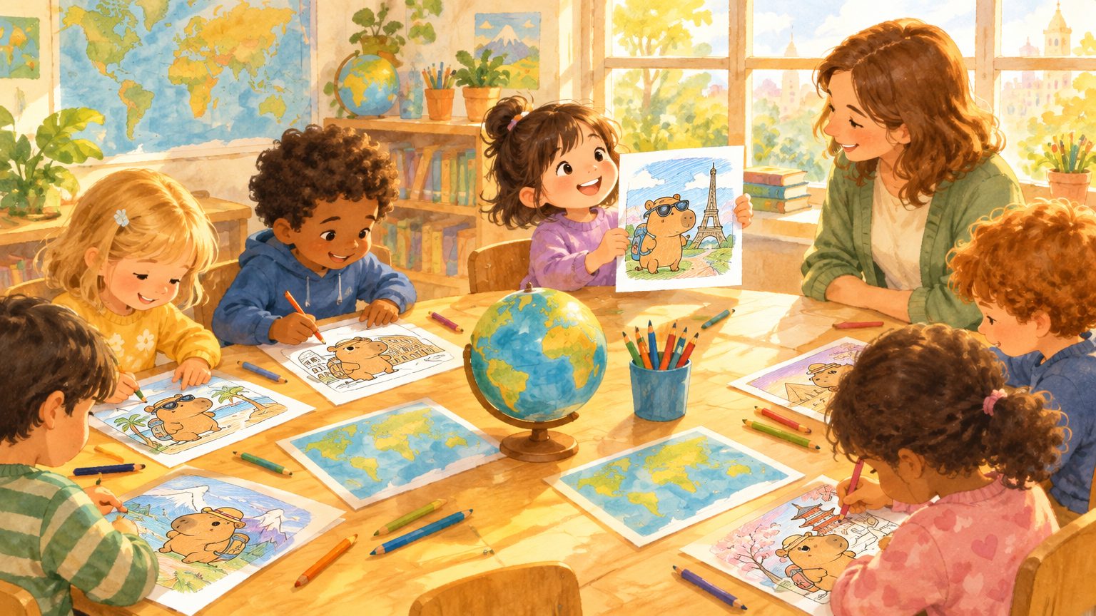 Crianças colorindo as folhas do CapiGoods da capivara viajante em volta da mesa da sala de aula, com mapas-múndis e globo no centro e uma criança mostrando o desenho pronto para a professora