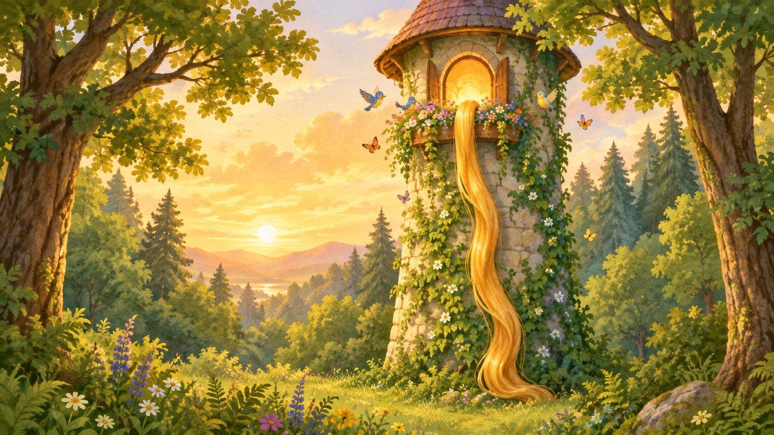 a torre na floresta com o cabelo dourado descendo da janela