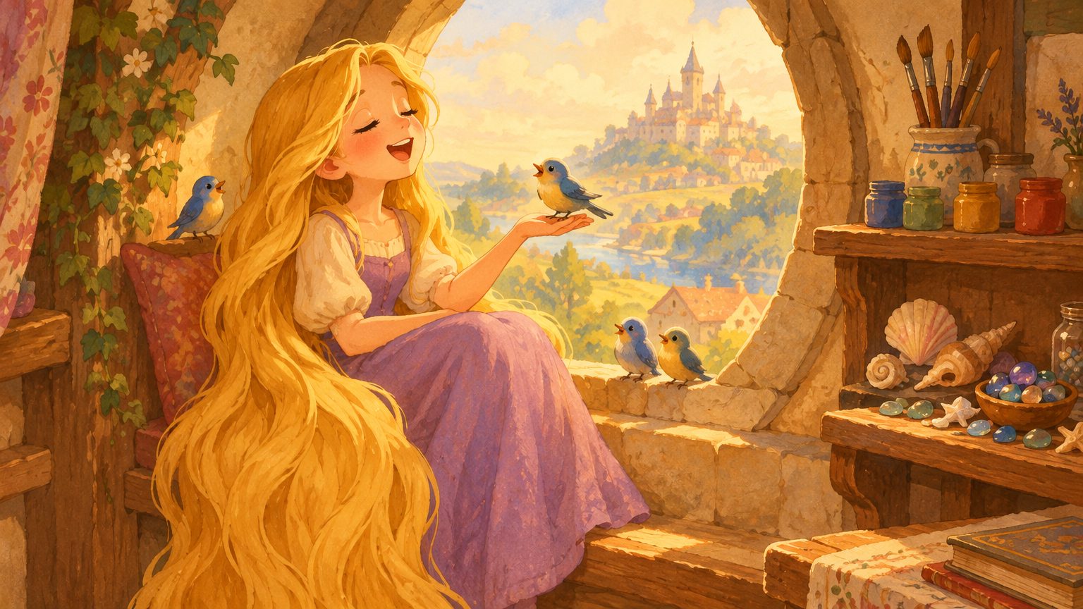 A Rapunzel cantando com os olhos fechados na janela redonda da torre, com passarinhos pousados no parapeito e na sua mão, tintas e conchinhas na prateleira de madeira