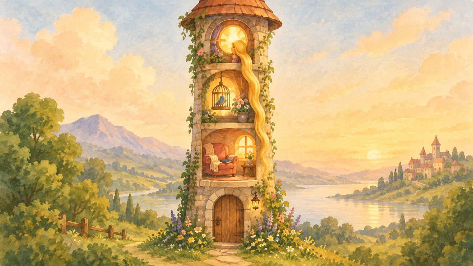 A torre de contos de fada vista em corte vertical com quatro níveis distintos e acolhedores: a janela redonda no topo com o cabelo dourado descendo, um nível do meio com gaiolinha e flores, um nível de baixo com poltrona e livro, e a base com porta de madeira cercada de flores silvestres