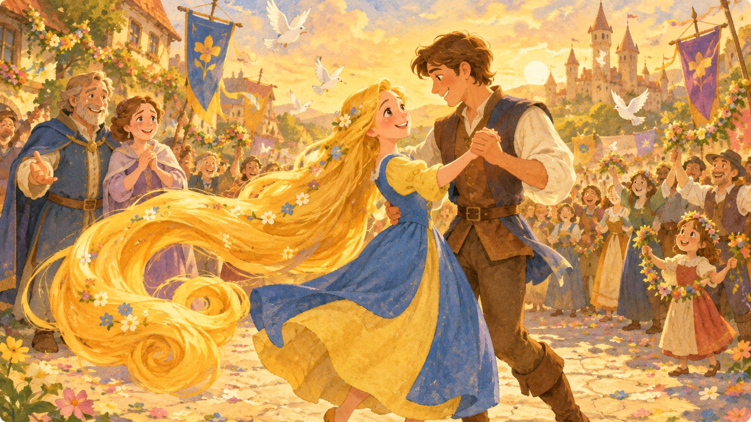 Festa na praça do reino ao pôr do sol: a Rapunzel dançando com o cabelo dourado girando como fita, os pais de braços abertos, moradores com bandeirinhas e pombas no ar