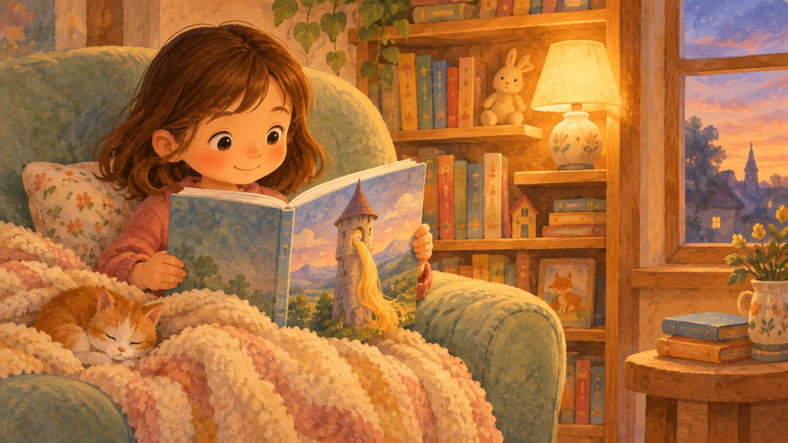 Criança no cantinho de leitura ao entardecer, sentada na poltrona macia segurando o livro ilustrado com a torre e o cabelo dourado na capa, estante e luminária quente ao fundo