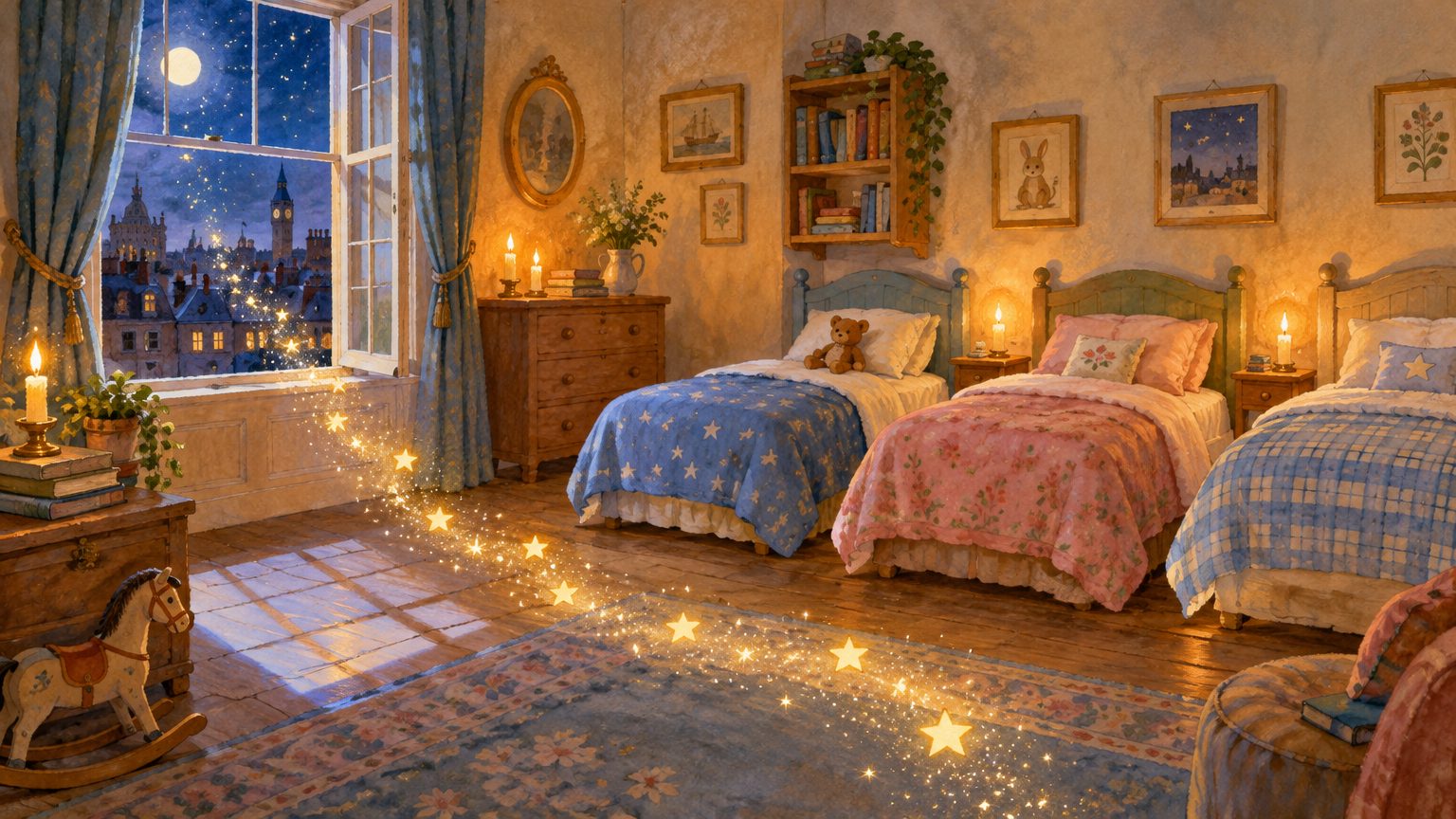 quarto noturno com a janela entreaberta e o rastro de pó de estrelas até as camas