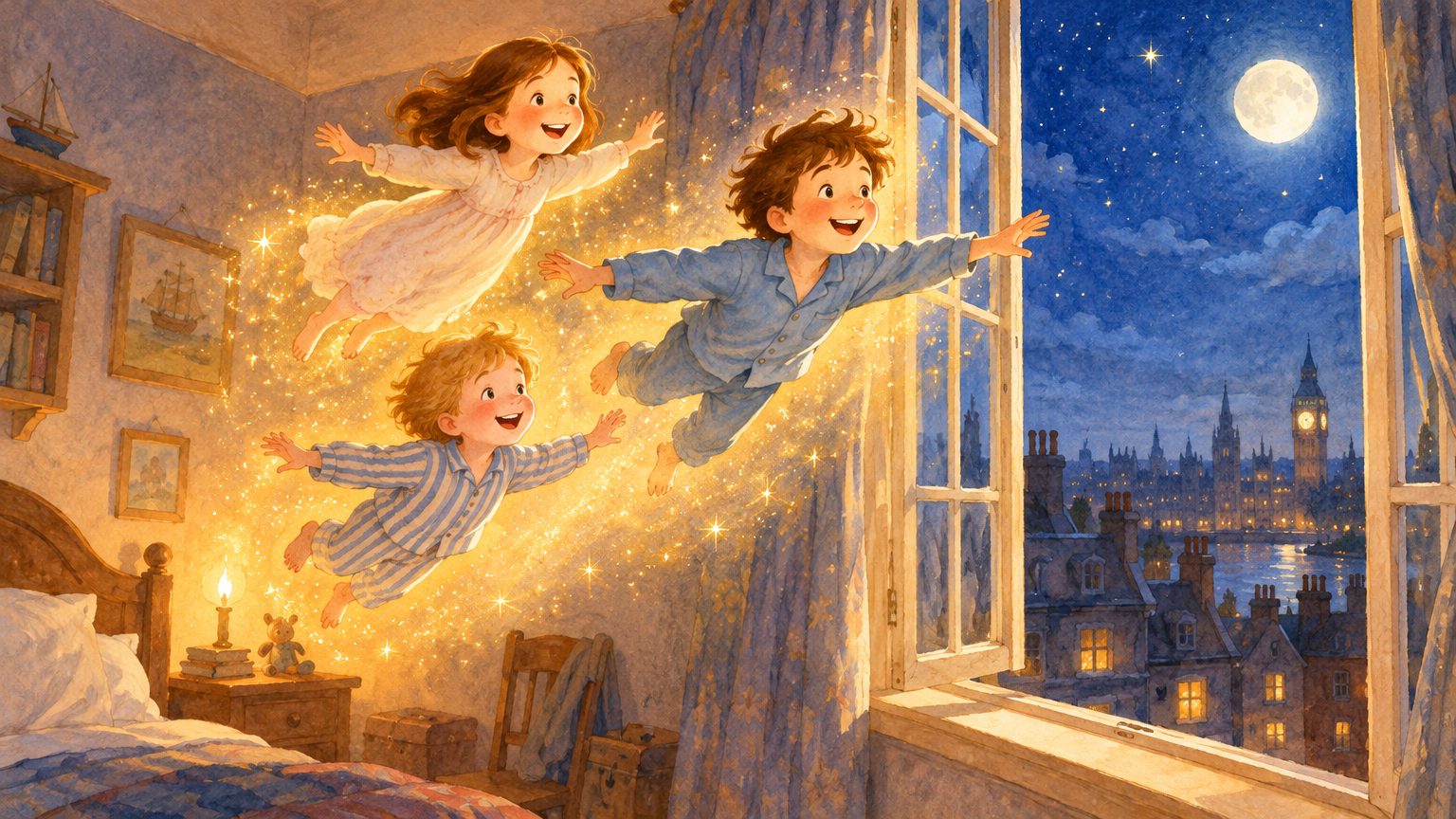 As três crianças subindo do quarto cercadas por uma nuvem de pó de estrelas dourado, braços abertos e rindo, rumo à janela alta com o céu estrelado e os telhados de Londres lá fora