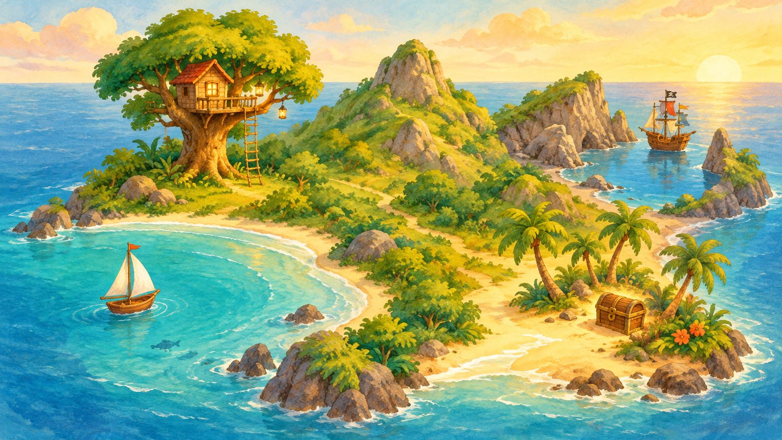 Ilha mágica vista em composição panorâmica com quatro cantos distintos e acolhedores: lagoa turquesa com barquinho, casa da árvore amigável com escada de corda, praia de areia com palmeiras e baú, e enseada com um pequeno navio pirata ao longe com bandeirinhas coloridas