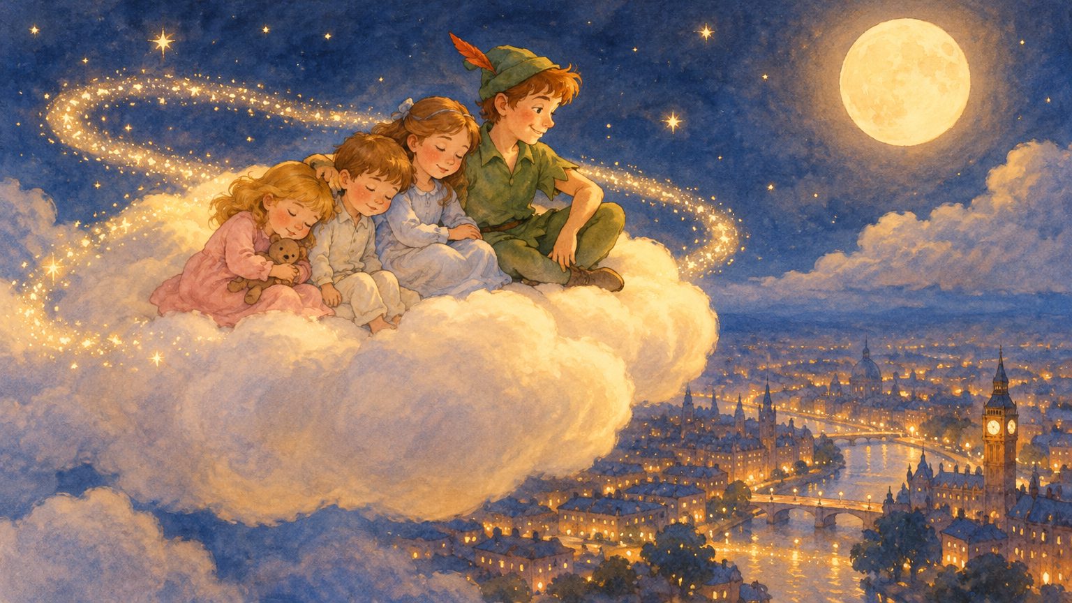 Os três irmãos sonolentos com o Peter Pan sentados juntos sobre uma nuvem macia no céu noturno, olhando para baixo as luzes cintilantes da cidade, com um rastro de pó de estrelas dourado atrás