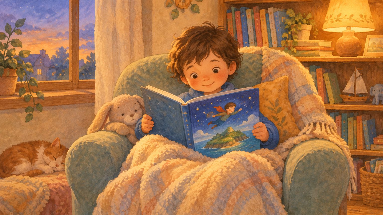 Criança no cantinho de leitura ao entardecer, sentada na poltrona macia segurando o livro ilustrado com o menino voando sobre a ilha sob céu estrelado na capa, estante e luminária quente ao fundo