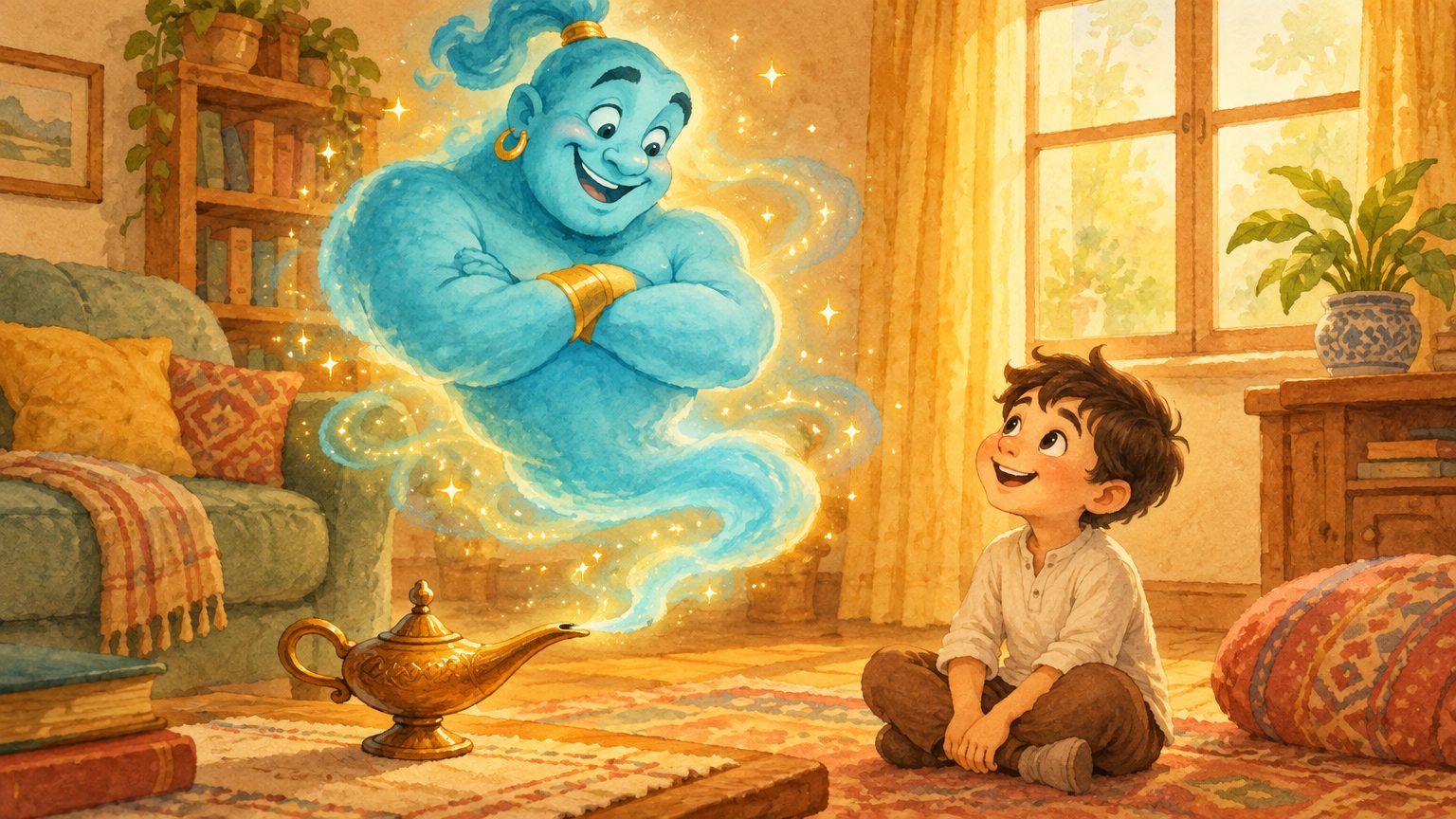 O gênio sorridente de fumaça azul turquesa e brincos dourados saindo da lâmpada de latão na sala acolhedora, com poeira mágica cintilante ao redor, diante do Aladim admirado e feliz