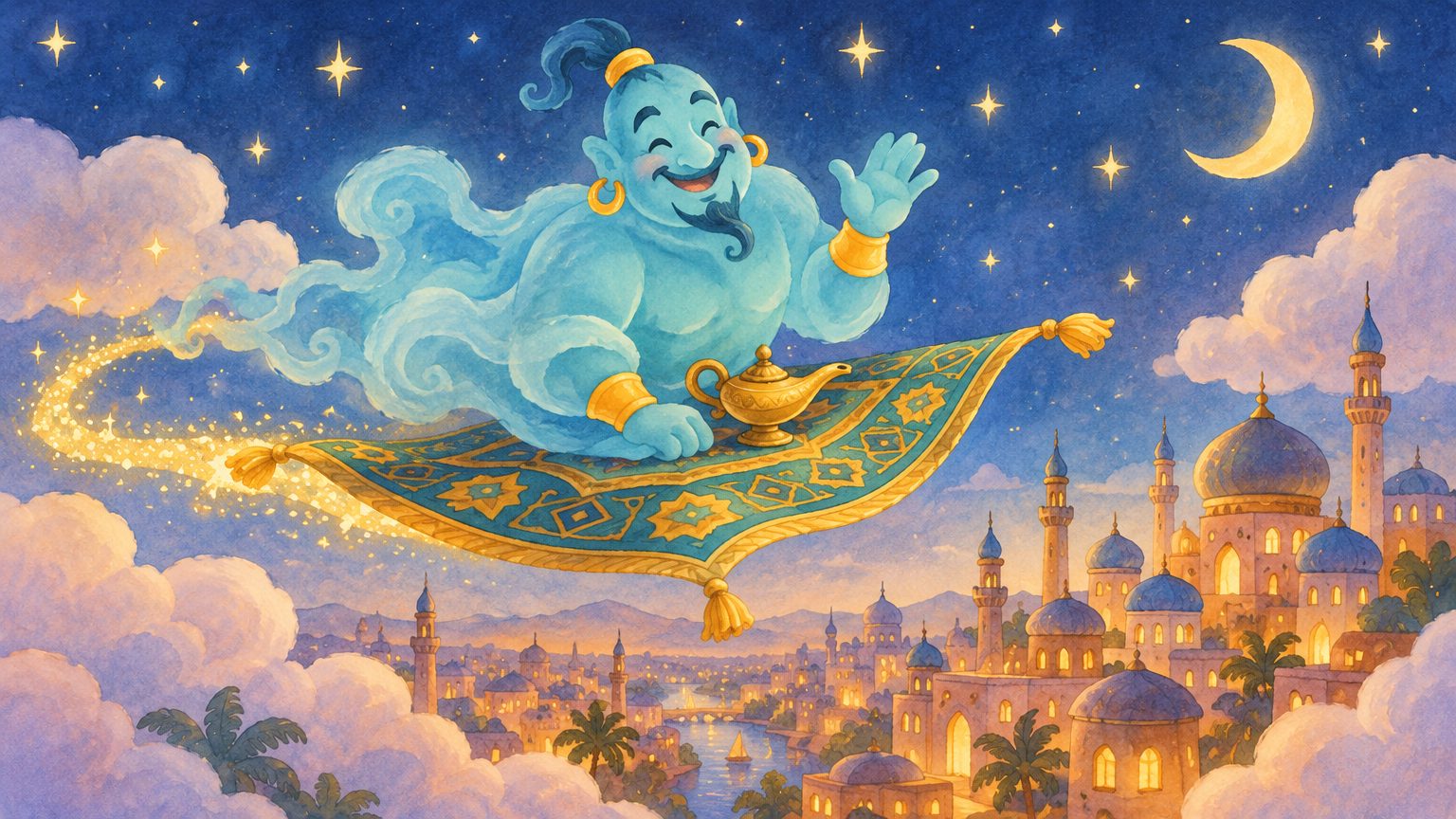 O tapete mágico de padrões turquesa e dourados voando à noite sobre a cidade de cúpulas e minaretes, com o gênio de fumaça azul acenando feliz e a lâmpada dourada sobre o tapete, sob a lua crescente e um rastro de brilhos dourados