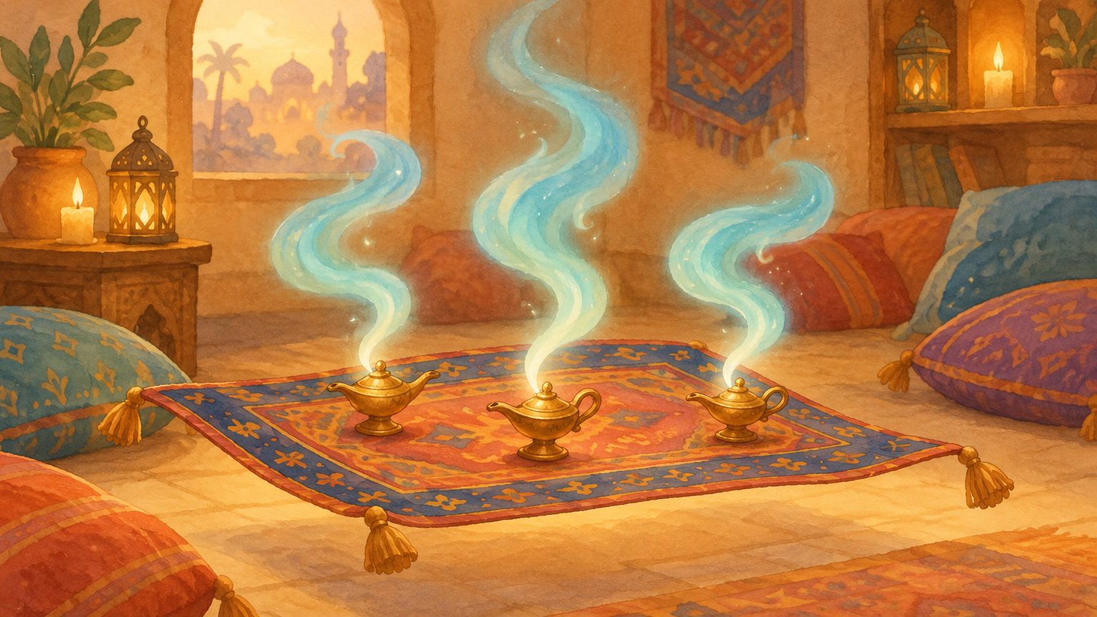 Tapete mágico com três pequenos lamparinas de latão enfileirados, cada um exalando uma fumaça azul suave e distinta iluminada com carinho, em sala aconchegante com luz de velas e almofadas