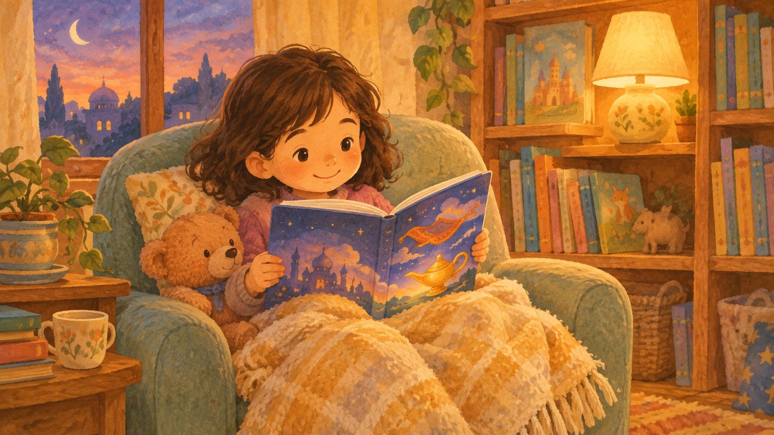 Criança no cantinho de leitura ao entardecer, sentada na poltrona macia segurando o livro ilustrado com o tapete voador e a lâmpada mágica na capa, estante e luminária quente ao fundo