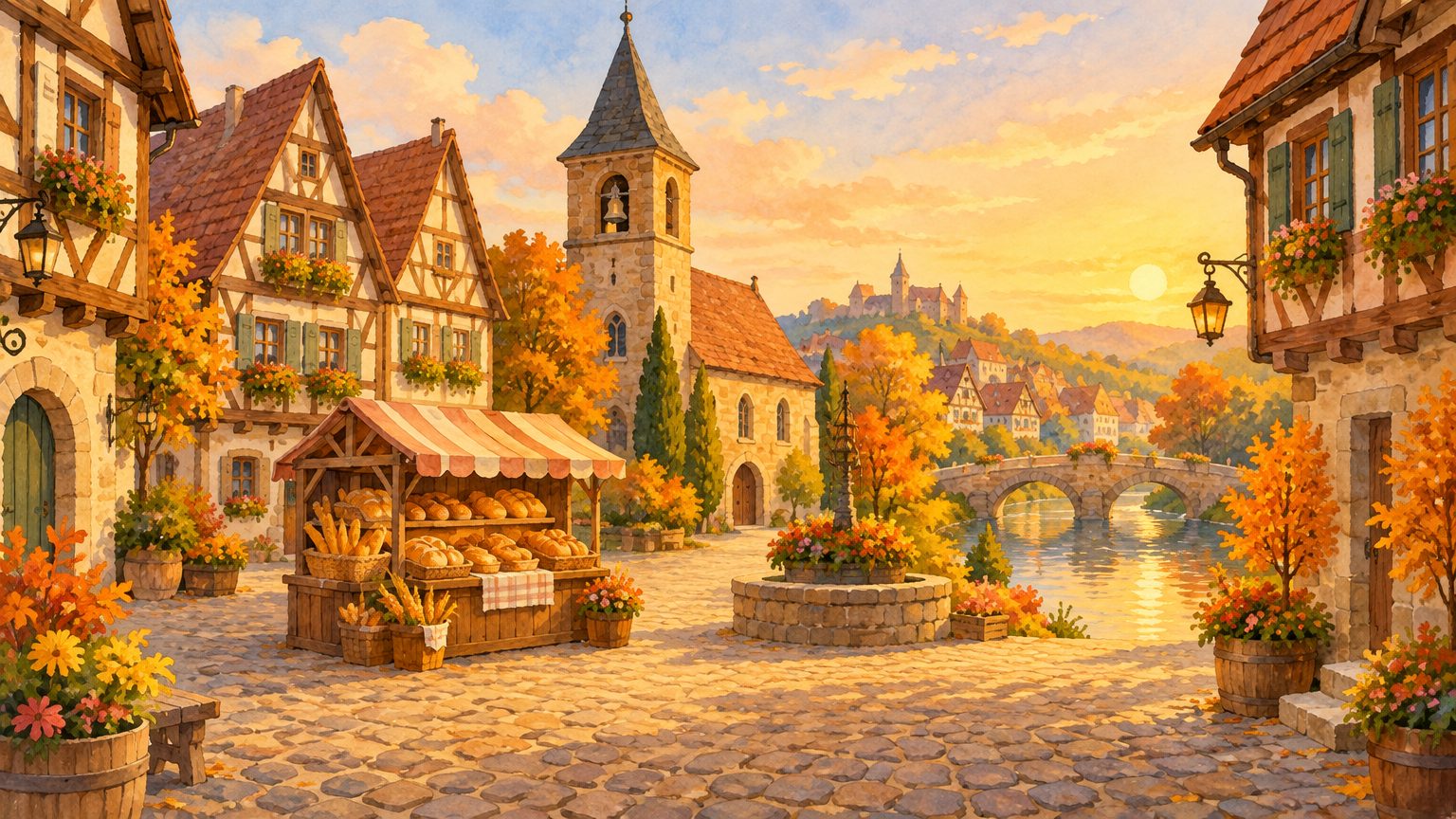 a praça medieval de Hamelin com as casas enxaimel, a padaria e o rio ao entardecer