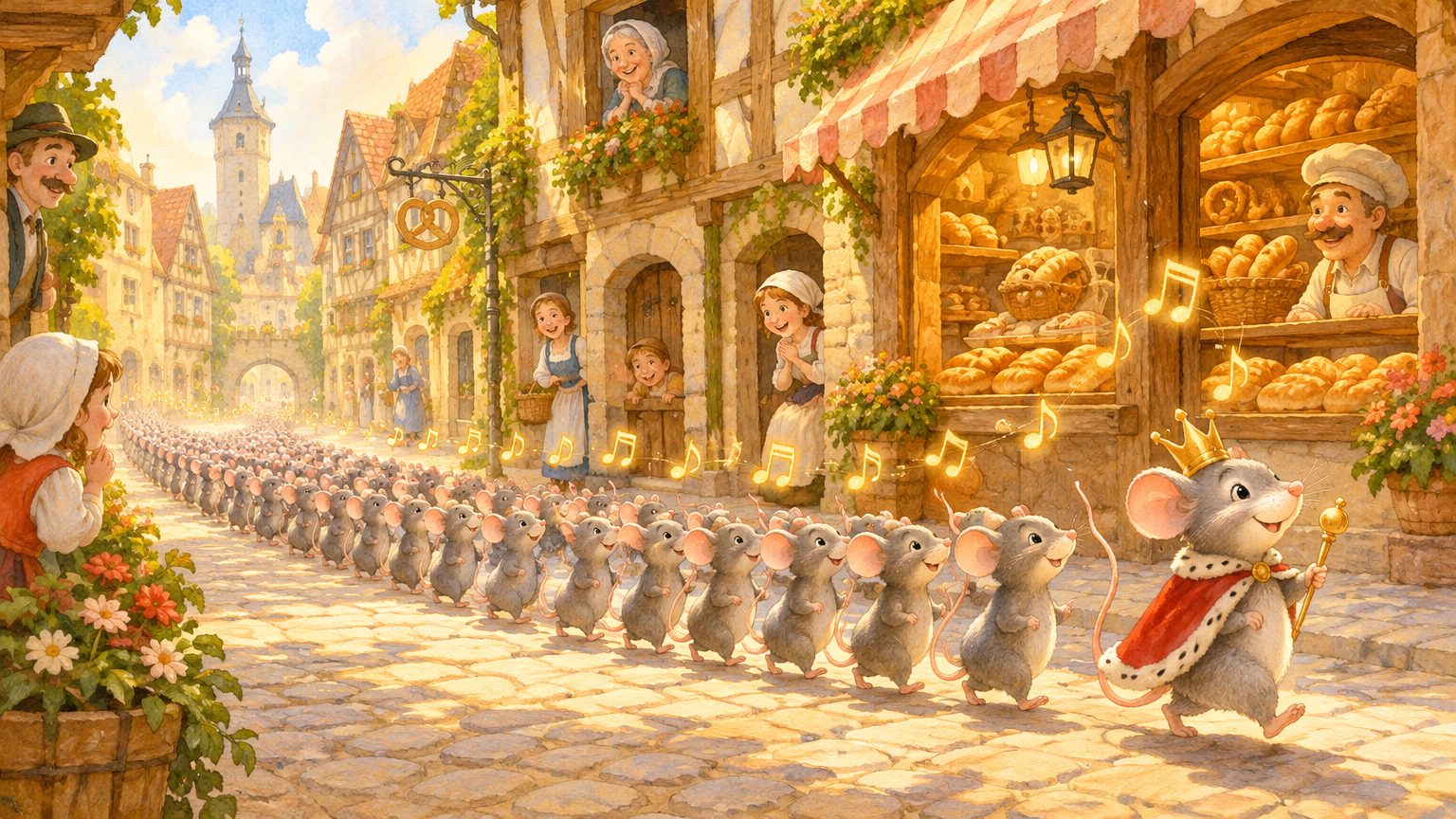 O desfile encantador de centenas de ratinhos cinza em fila indiana na rua de pedras, liderados pelo rei dos ratinhos de coroa de latão, seguindo um rastro de notas musicais douradas, com moradores sorrindo nas portas e janelas