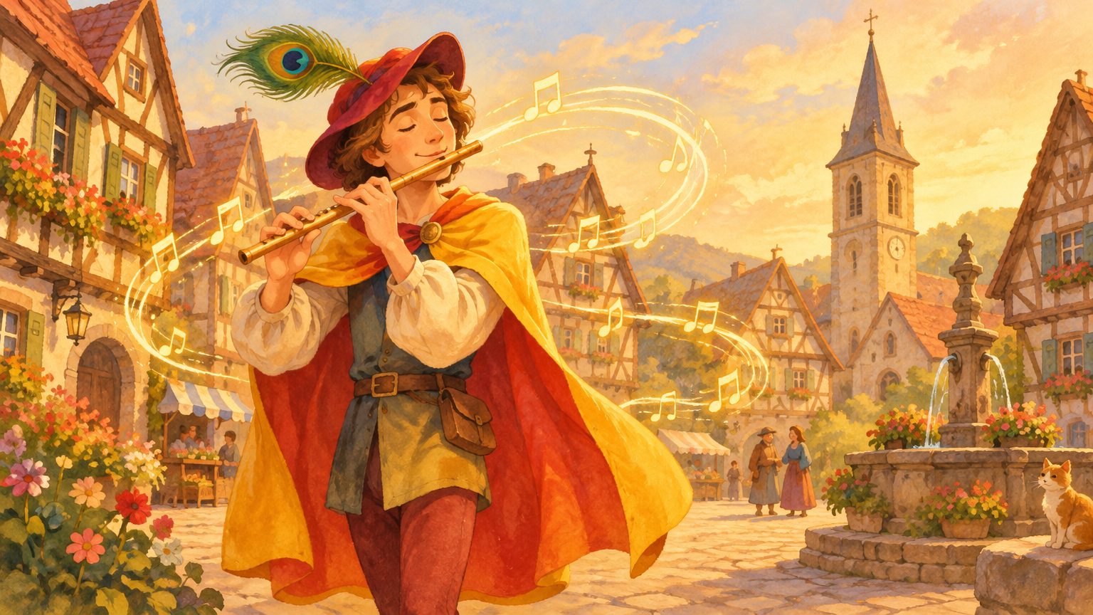 O Flautista misterioso e sorridente de capa amarela e vermelha e chapéu com pluma de pavão tocando a flauta na praça medieval, com notas musicais douradas girando no ar e casas enxaimel ao fundo
