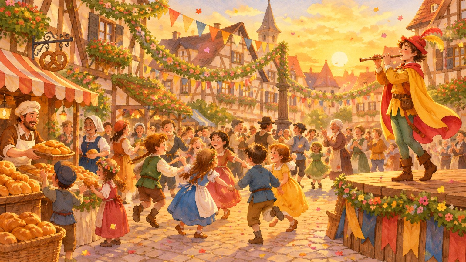 A festa na praça medieval ao pôr do sol: o Flautista de capa amarela e vermelha tocando no palquinho, crianças e famílias dançando em roda de mãos dadas, bandeirolas entre as casas enxaimel e a padaria distribuindo pães dourados