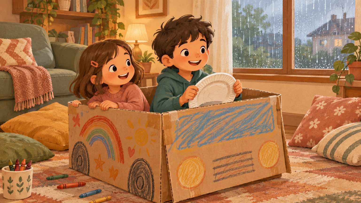 Duas crianças brincando dentro de caixa de papelão decorada em dia de chuva, brincadeira para fazer dentro de casa