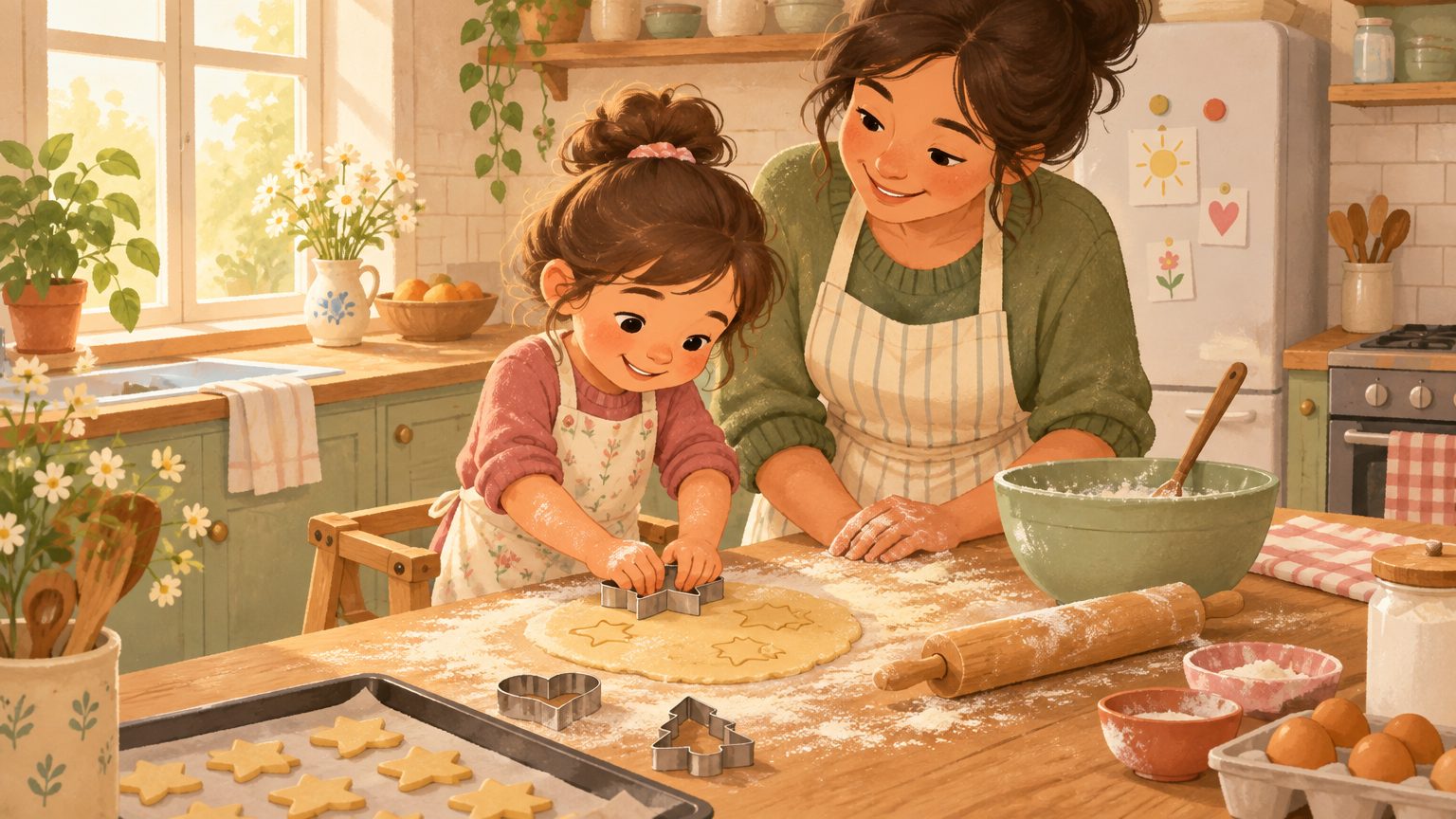 Criança na banqueta ajudando o adulto a fazer biscoitos na cozinha, atividade culinária das férias