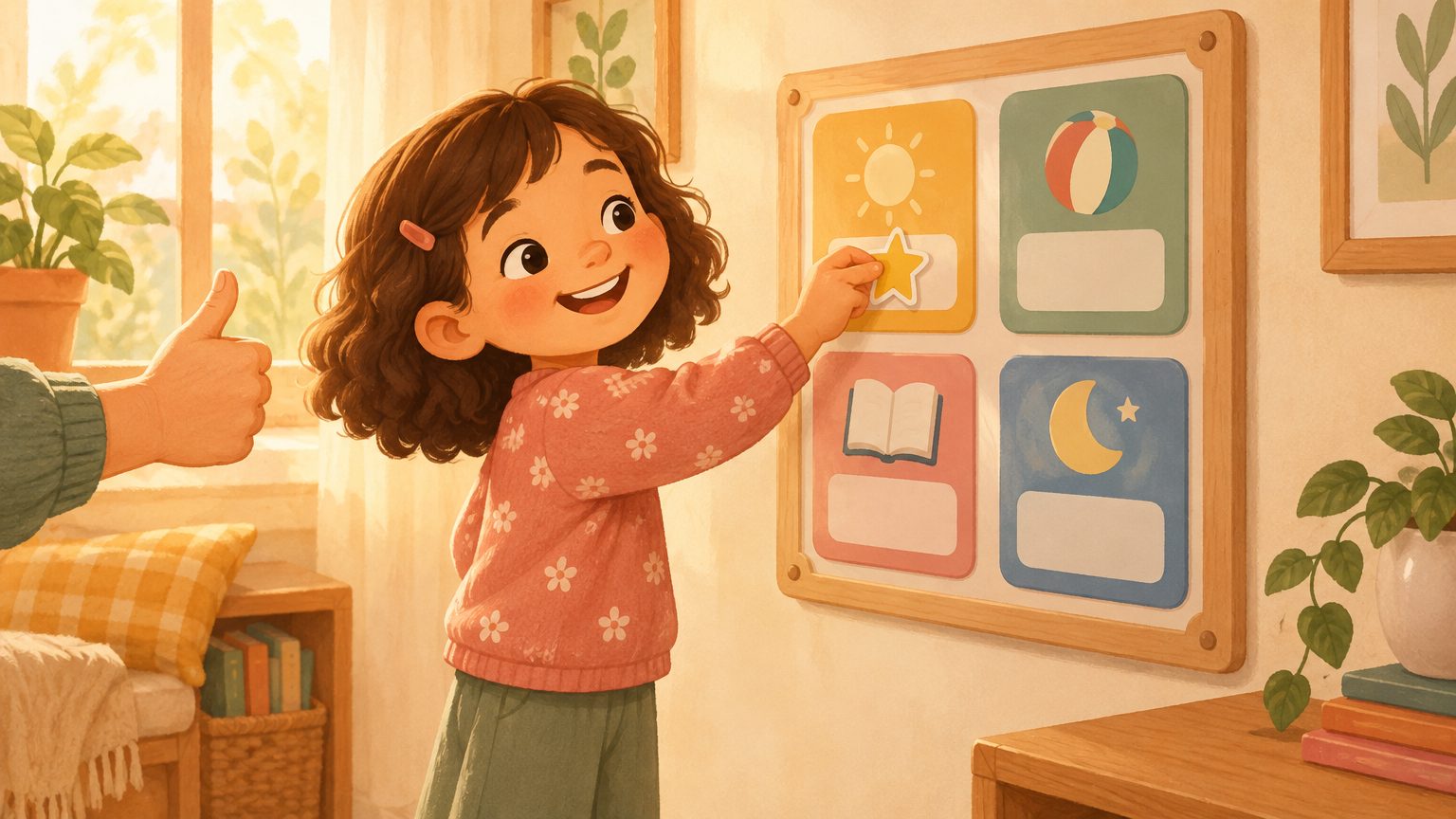 Criança colando estrela em quadro de blocos de atividades com ícones de sol, bola, livro e lua, método Cronograma dos Blocos
